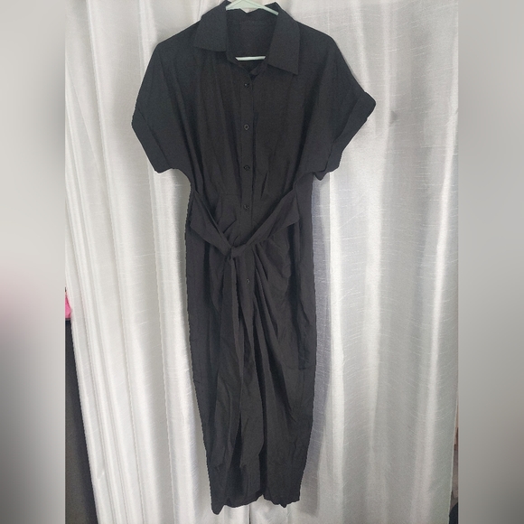 Lyaner ruched buttondown midi shirtdress size medium black - Picture 5 of 11